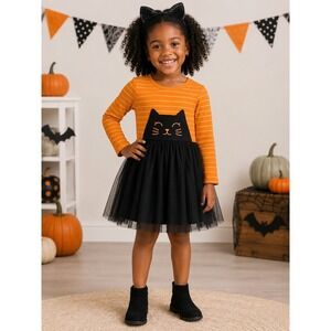 Cat & Jack Girls 5T Halloween Black Cat Tutu Dress Orange Striped Long Sleeve
